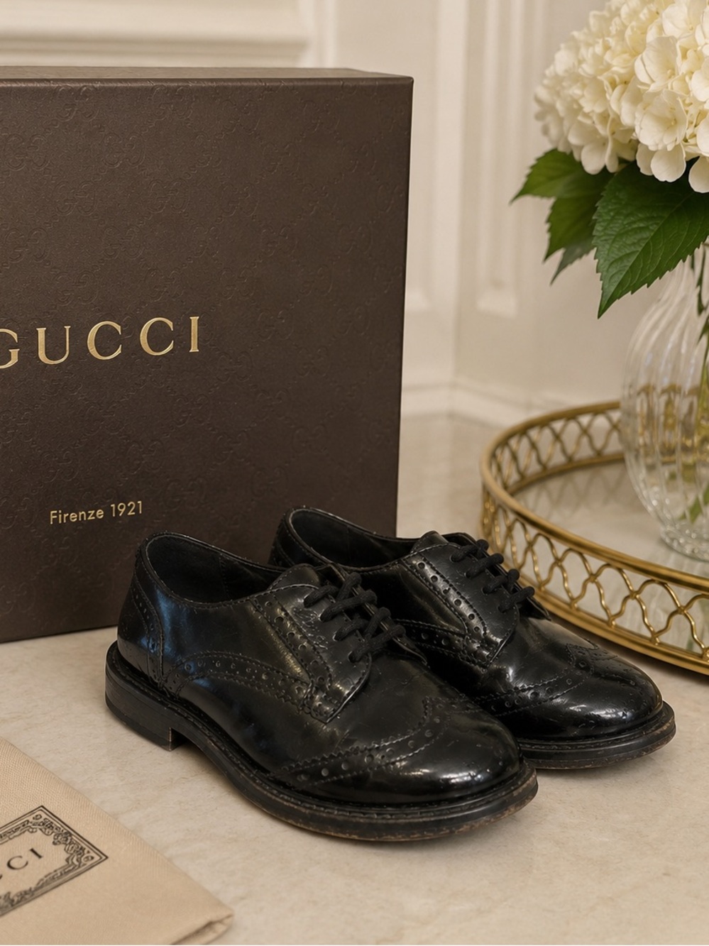 Gucci Kids BLack Patent Leather Wingtip Brogue Lace Up Shoes Size EU 27 US‎ 10.5